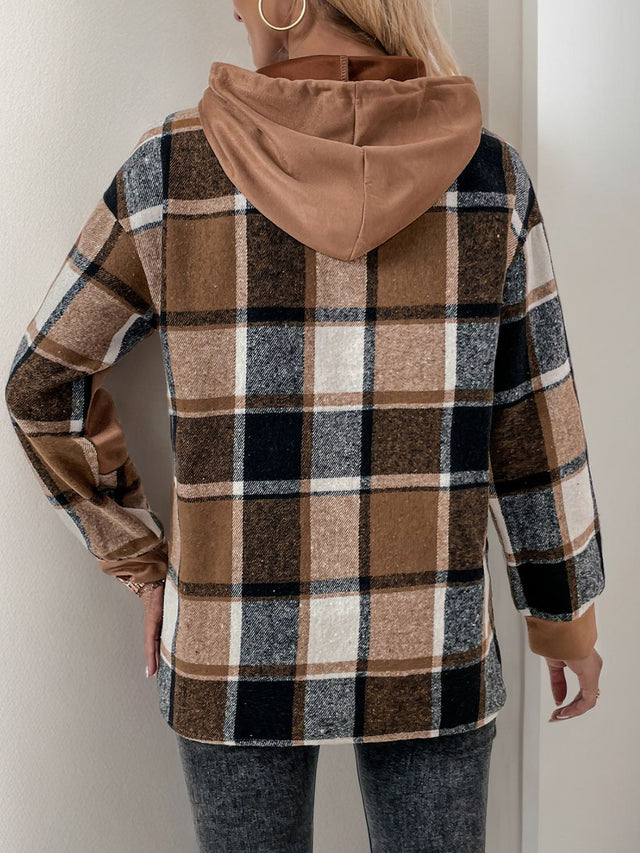 Perfee Drawstring Slit Plaid Long Sleeve Hoodie Trendsi Hanalas