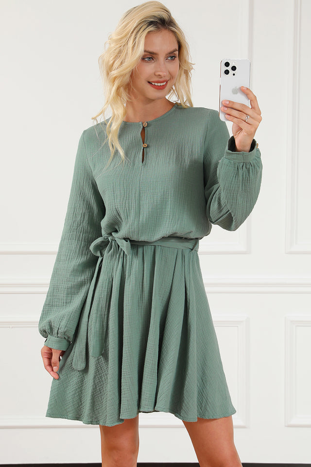 Round Neck Long Sleeve Tie Waist Dress | Hanalas