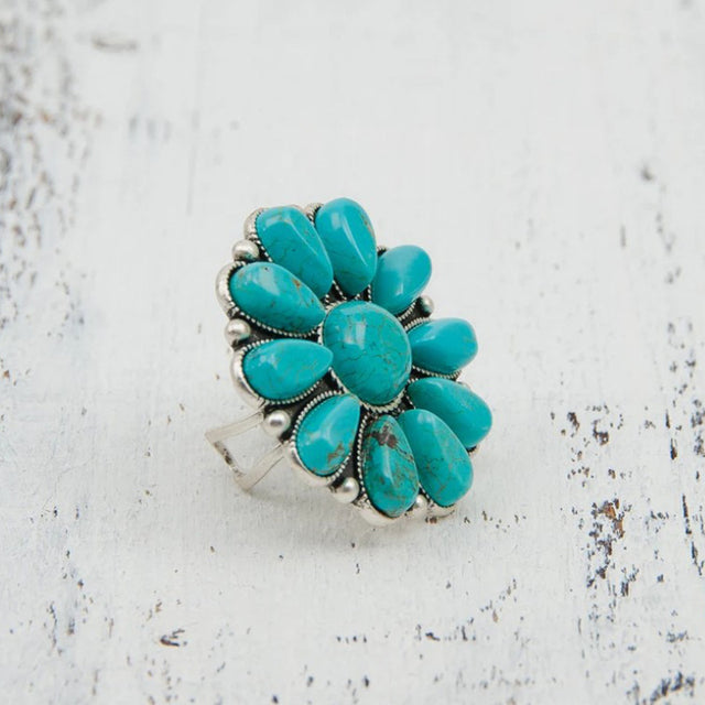 Artificial Turquoise Alloy Flower Ring | Hanalas