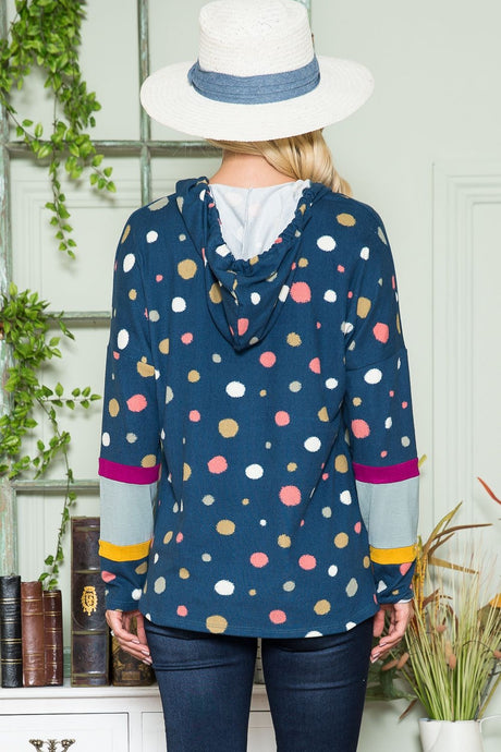 Celeste Full Size Polka Dot Drawstring Hoodie