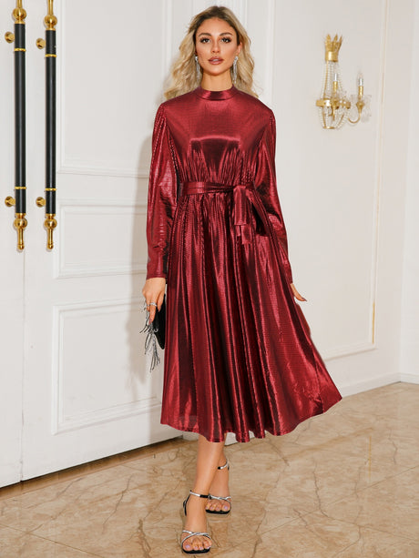 Tie Waist Long Sleeve Midi Dress Trendsi Hanalas