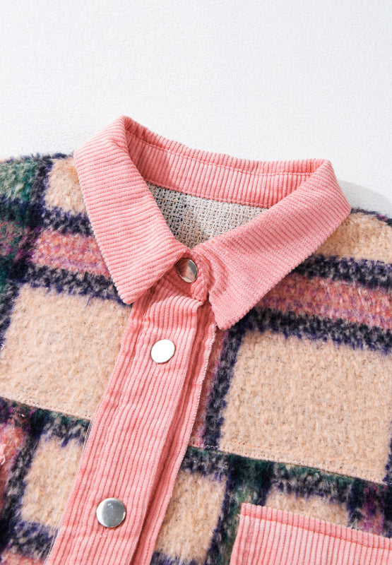 Fuzzy Plaid Corduroy Patchwork Shacket | Hanalas