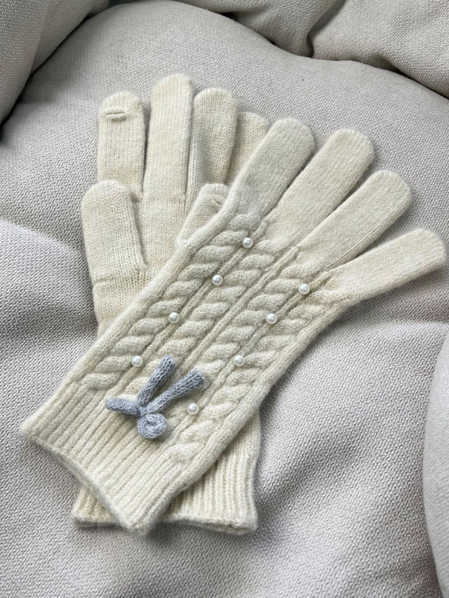 Thermal Pearl Detail Bow Five-Finger Gloves | Hanalas