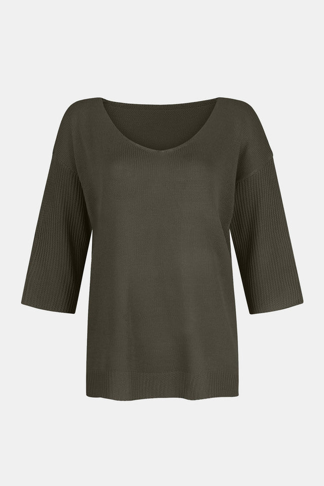 V-Neck Three-Quarter Sleeve Knit Top | Hanalas