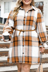 Khaki Western Plaid Button Up Loose Shirt Dress