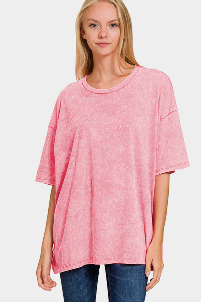 Zenana Full Size Washed Round Neck Drop Shoulder Oversized T-Shirt | Hanalas