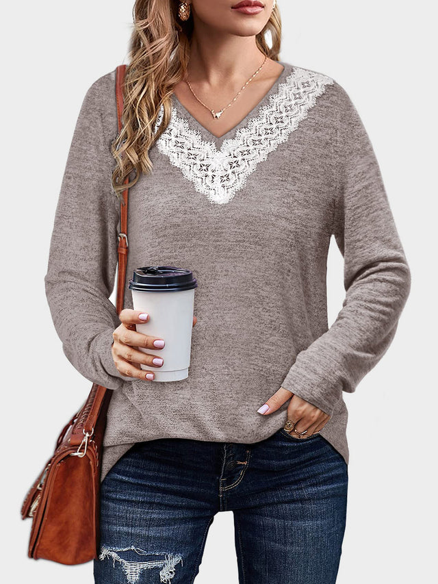 Lace Detail V-Neck Long Sleeve T-Shirt | Hanalas