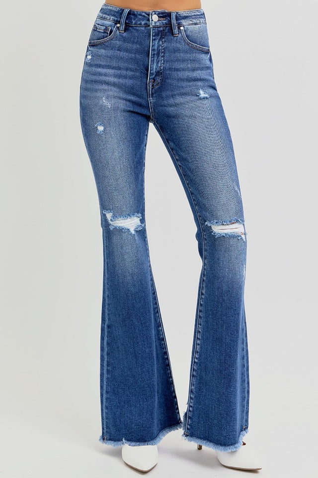 RISEN Full Size High Rise Distressed Raw Hem Flare Jeans | Hanalas