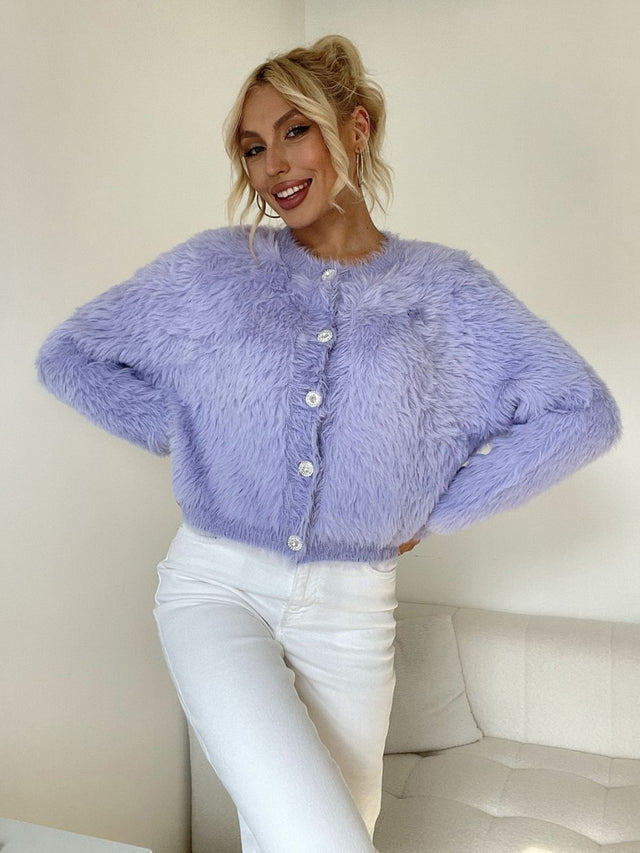 Button Down Long Sleeve Fuzzy Cardigan | Hanalas