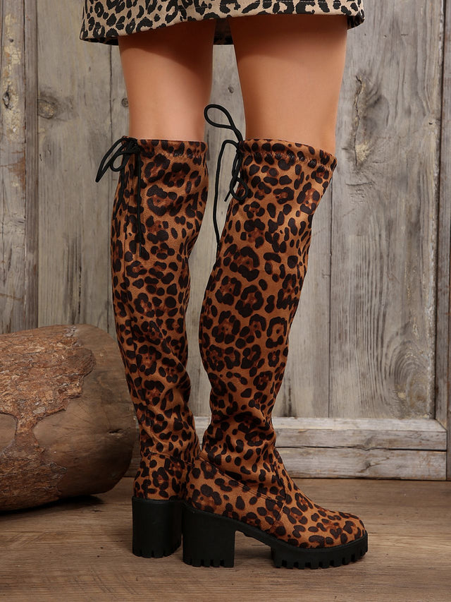 Leopard Round Toe Block Heel Boots | Hanalas