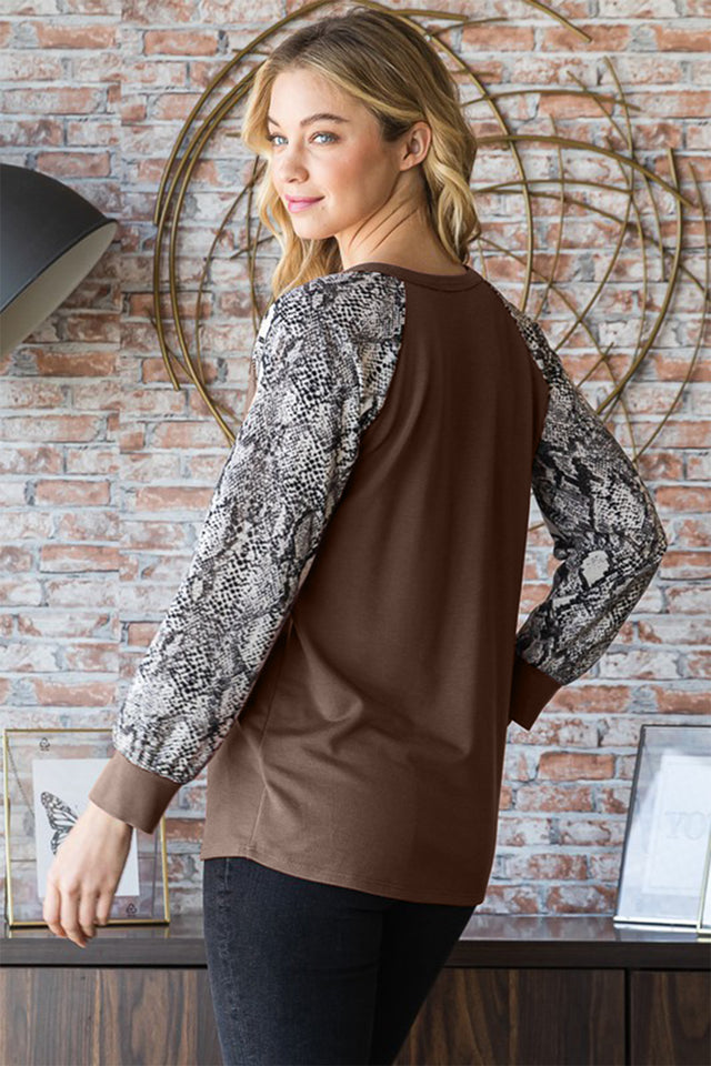 Heimish Full Size Snakeskin Print Raglan Sleeve Half Button Top | Hanalas