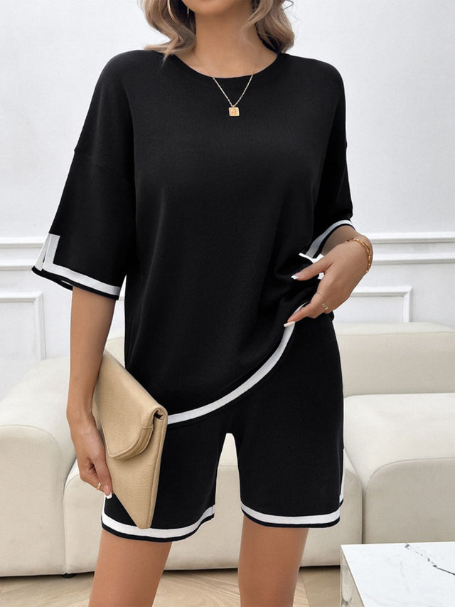 Devine Contrast Trim Round Neck Top and Shorts Set | Hanalas