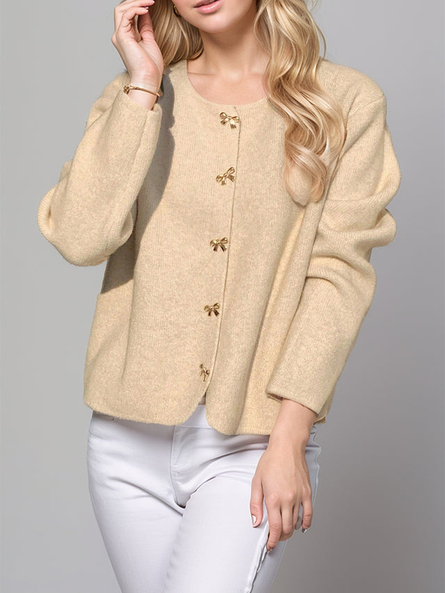 Bow Button Down Round Neck Long Sleeve Cardigan | Hanalas