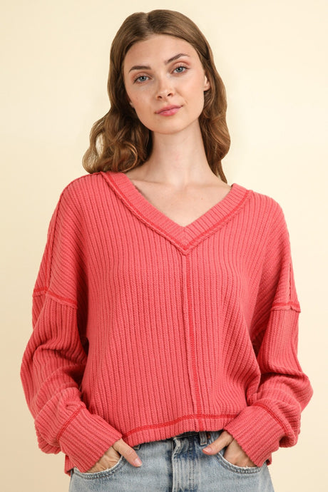 VERY J Exposed Seam V-Neck Ribbed Knit Top | Hanalas