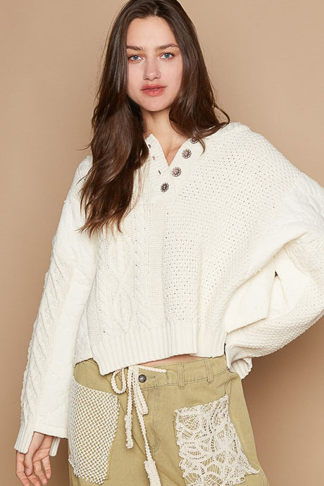 POL Cable-Knit Quarter Button Hooded Sweater | Hanalas