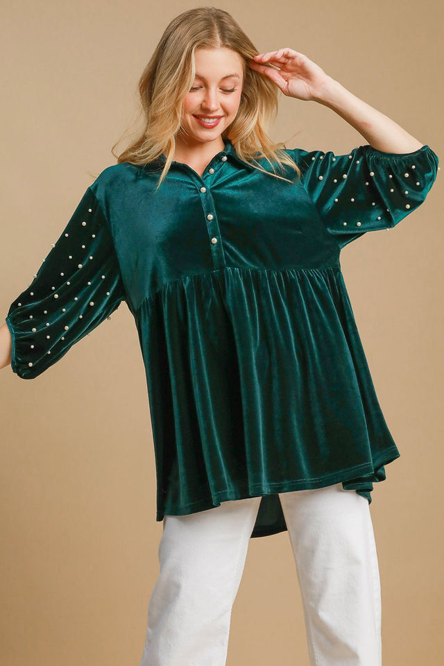 Umgee Pearl Detail Half Sleeve Velvet Babydoll Blouse | Hanalas