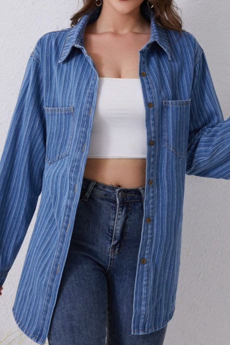 Striped Texture Collared Neck Denim Top Trendsi Hanalas