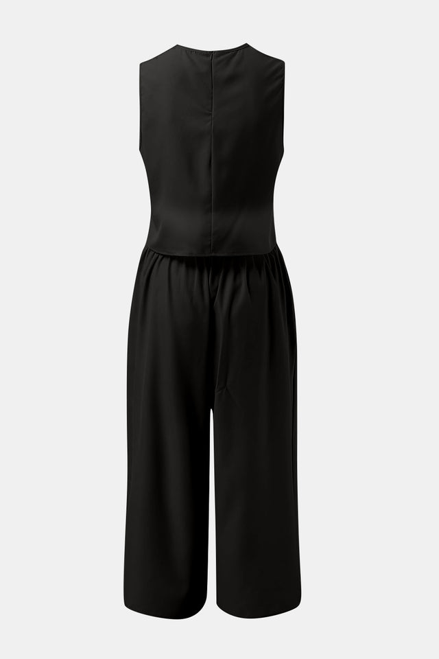 Round Neck Top and Wide Leg Pants Set | Hanalas