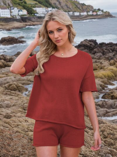 Round Neck Short Sleeve Top and Shorts Sweater Set | Hanalas