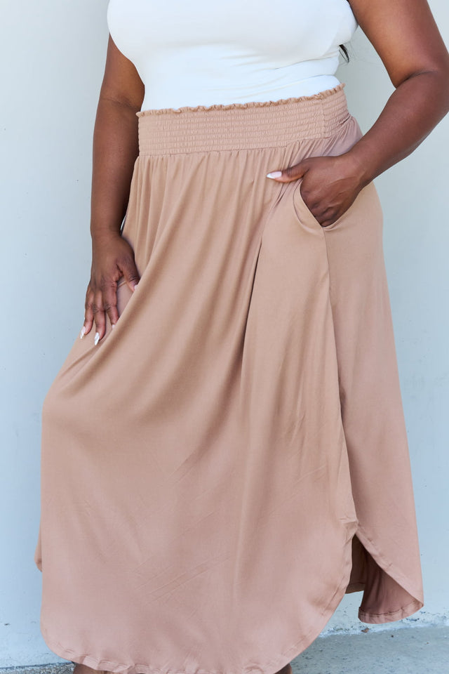 Doublju Comfort Princess Full Size High Waist Scoop Hem Maxi Skirt in Tan Trendsi Hanalas