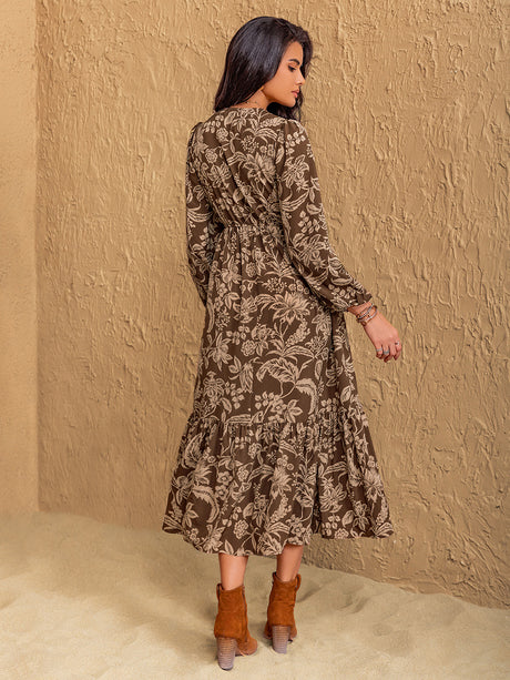 Ruched Printed V-Neck Long Sleeve Midi Dress Trendsi Hanalas