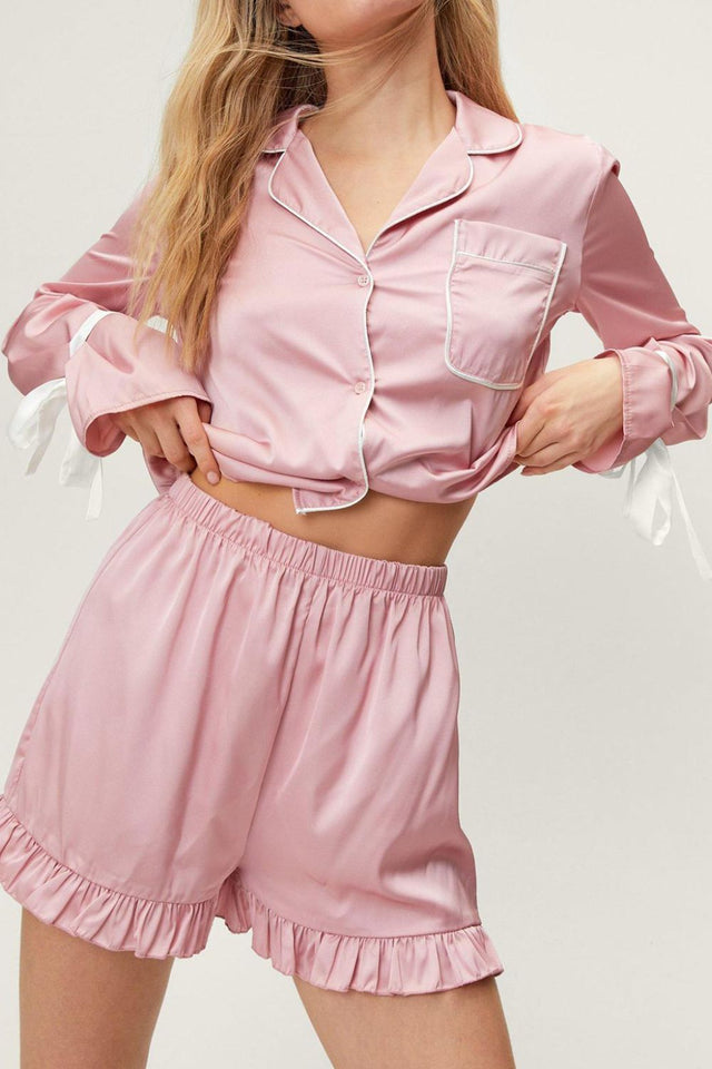 Basic Bae Tied Cuff Collared Neck Top and Frill Shorts Lounge Set | Hanalas