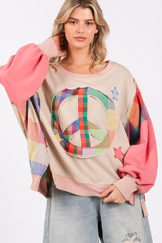 SAGE + FIG Full Size Contrast Peace Patch Dropped Shoulder Sweatshirt | Hanalas