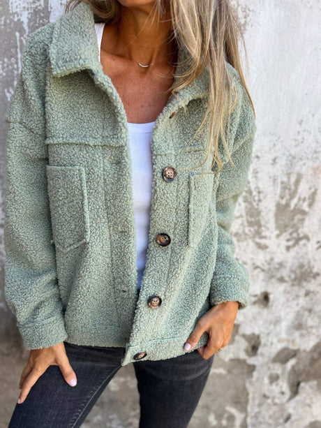 Full Size Fuzzy Button Up Drop Shoulder Jacket | Hanalas