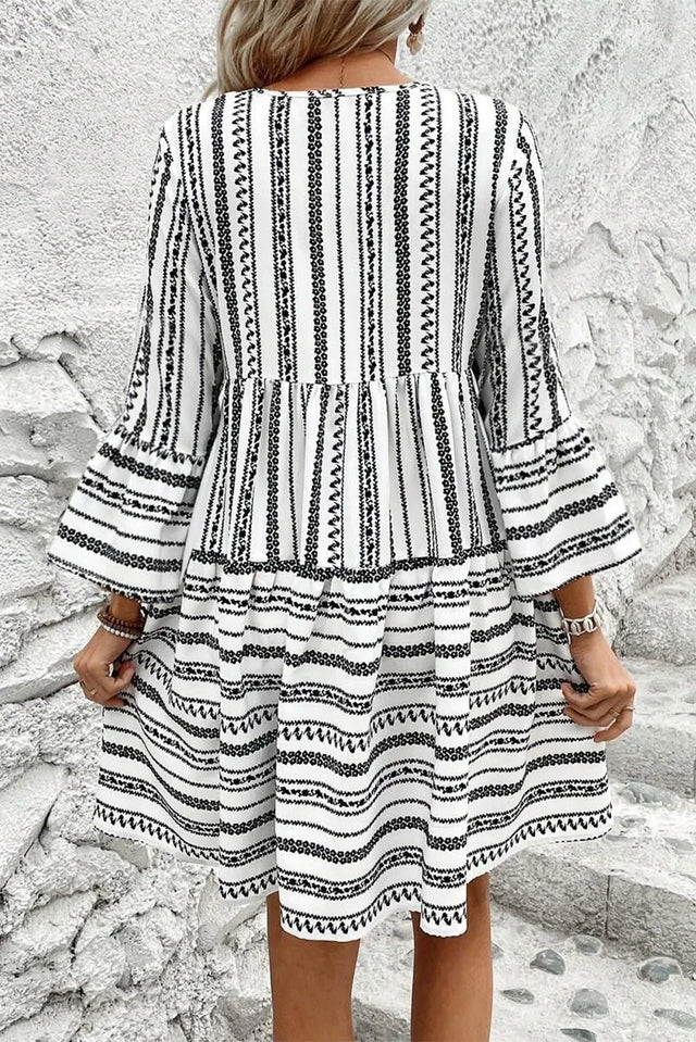 Printed Tie Neck Three-Quarter Sleeve Mini Dress