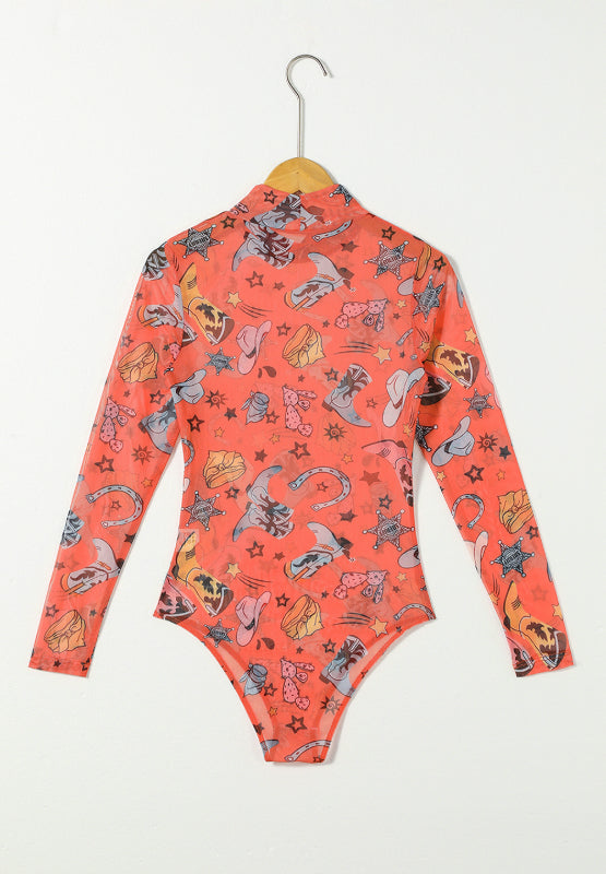 Printed Mock Neck Long Sleeve Bodysuit | Hanalas