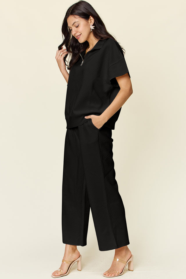 Double Take Full Size Texture Half Zip Short Sleeve Top and Pants Set | Hanalas