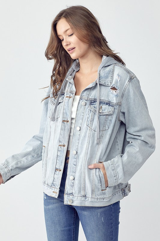 RISEN Full Size Distressed Drawstring Hooded Denim Jacket Trendsi Hanalas