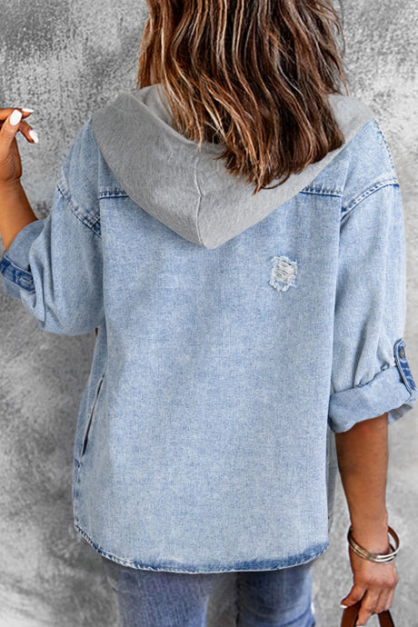 Distressed Button Up Hooded Denim Jacket with Pockets Trendsi Hanalas