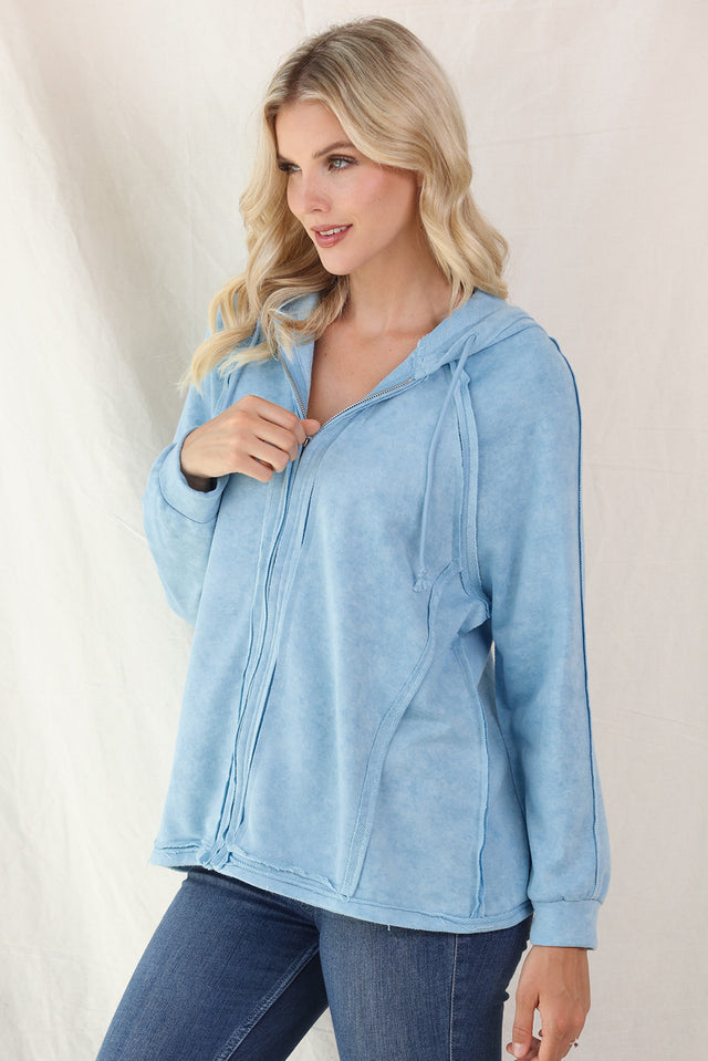 Exposed Seam Zip Up Long Sleeve Drawstring Hoodie | Hanalas