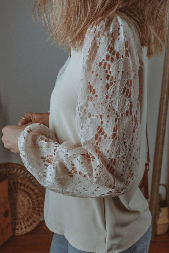 V Neck Lace Balloon Sleeve Blouse | Hanalas