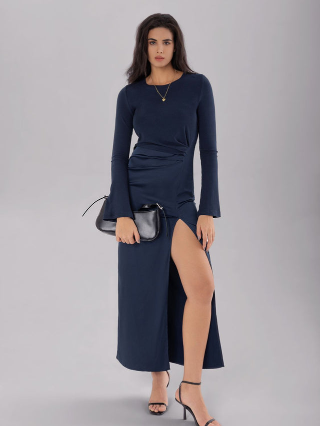 Split Round Neck Long Sleeve Midi Dress Trendsi Hanalas