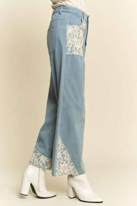 Davi & Dani Lace Applique Wide Leg Jeans | Hanalas