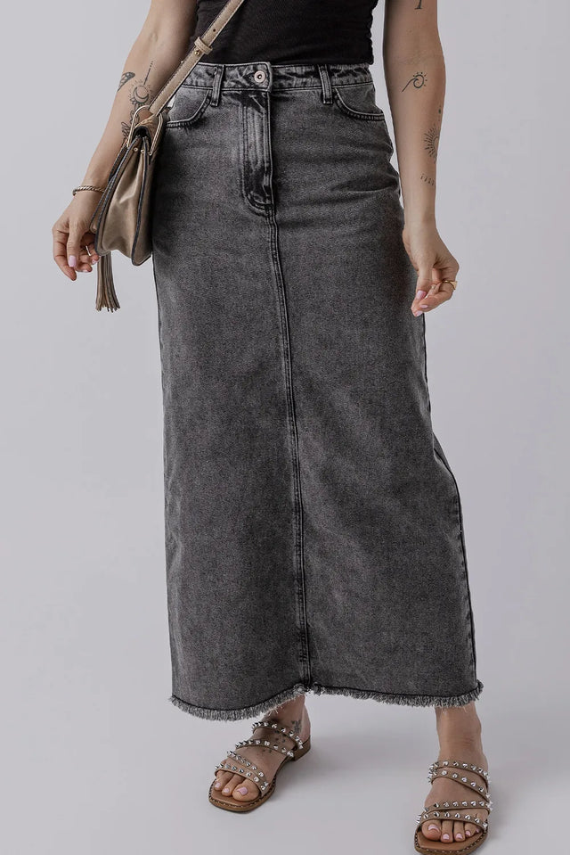 Raw Hem Midi Denim Skirt with Pockets Trendsi Hanalas