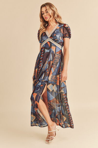 Aemi + Co Lace Detail Slit Geometric Print Short Sleeve Maxi Dress | Hanalas