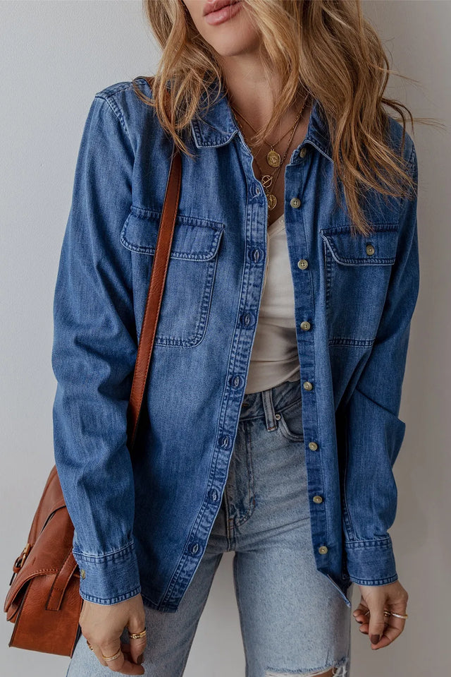 Button Up Long Sleeve Denim Jacket Trendsi Hanalas