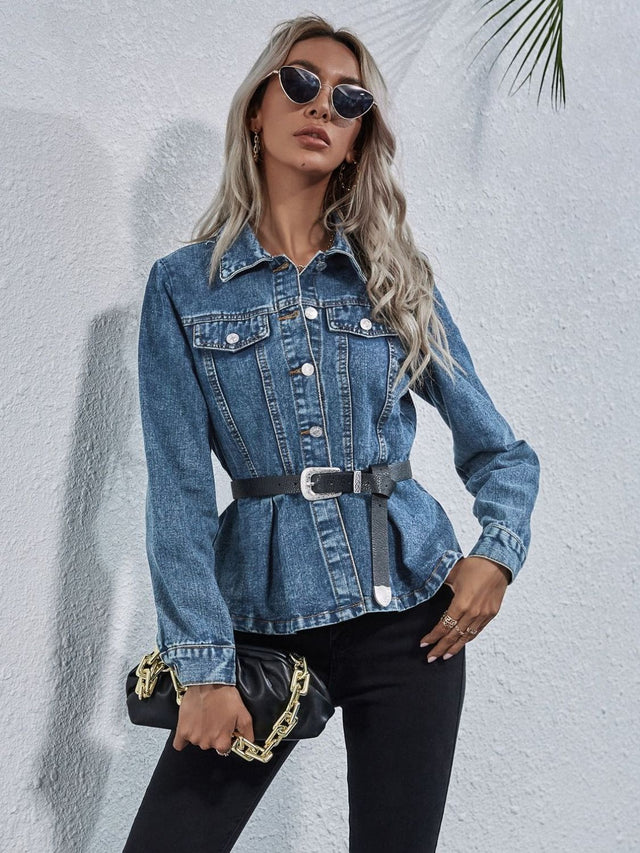 Peplum Collared Neck Long Sleeve Denim Top Trendsi Hanalas