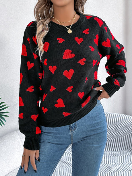 Heart Round Neck Long Sleeve Sweater | Hanalas