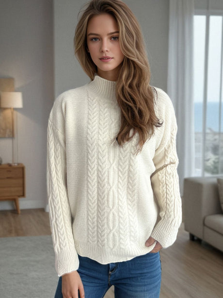 Cable-Knit Mock Neck Dropped Shoulder Sweater | Hanalas