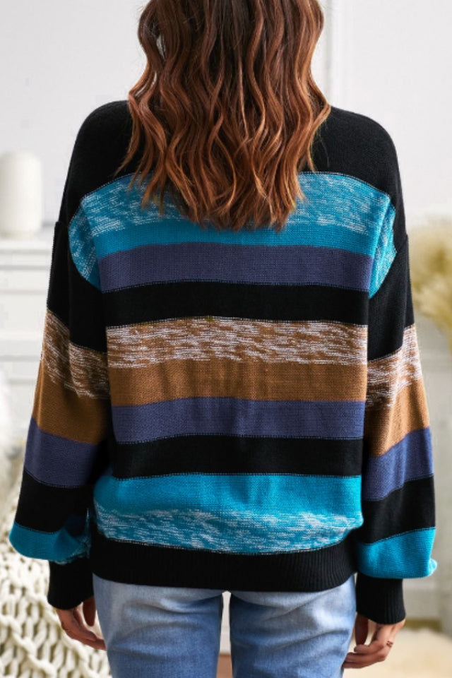 Contrast Striped Round Neck Drop Shoulder Sweater | Hanalas