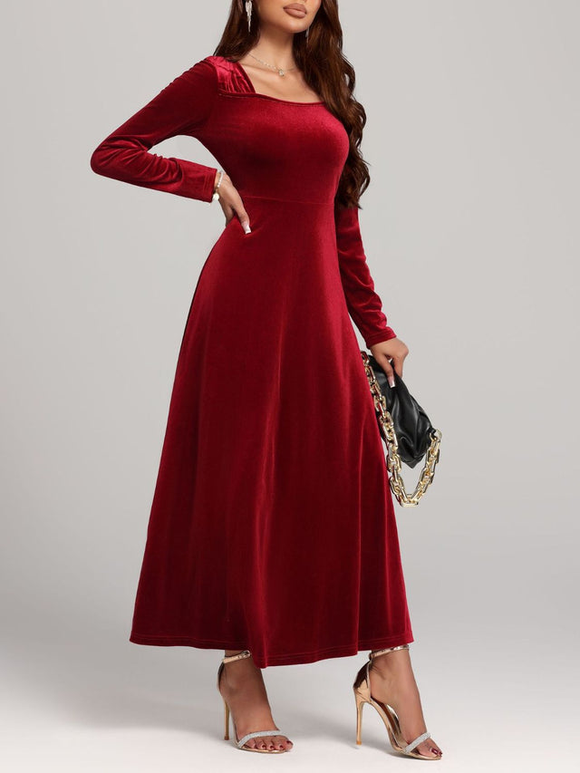 Square Neck Long Sleeve Velvet Dress | Hanalas