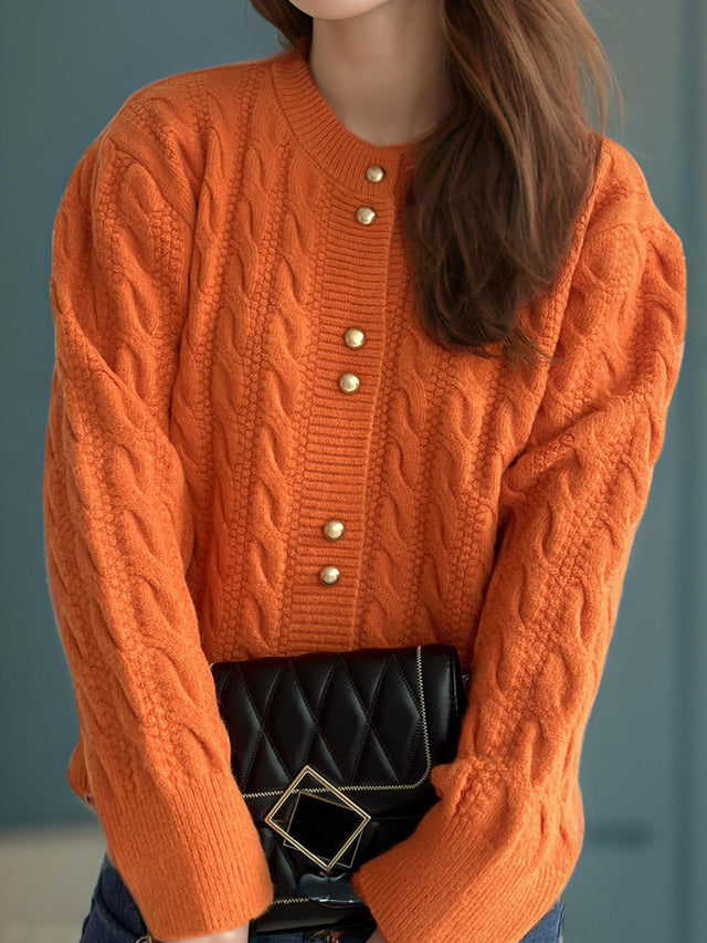 Cable-Knit Round Neck Long Sleeve Cardigan Trendsi Hanalas