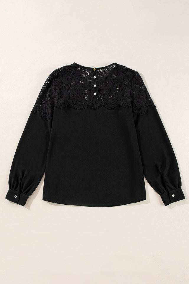 Lace Detail Round Neck Long Sleeve Blouse | Hanalas