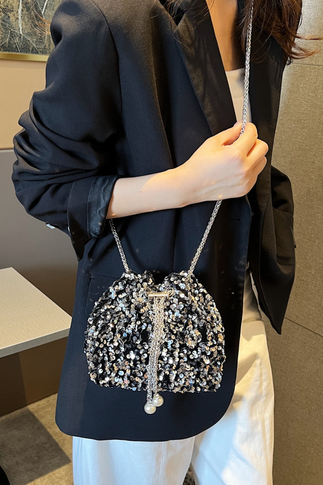 Sequin Chain Drawstring Bucket Bag | Hanalas