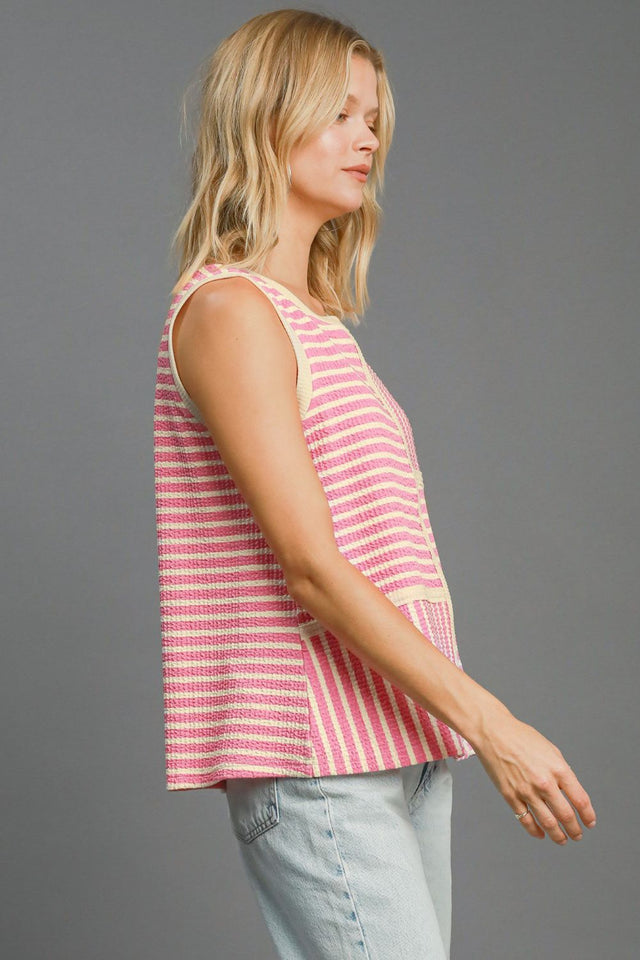 Umgee Round Neck Texture Striped Tank | Hanalas