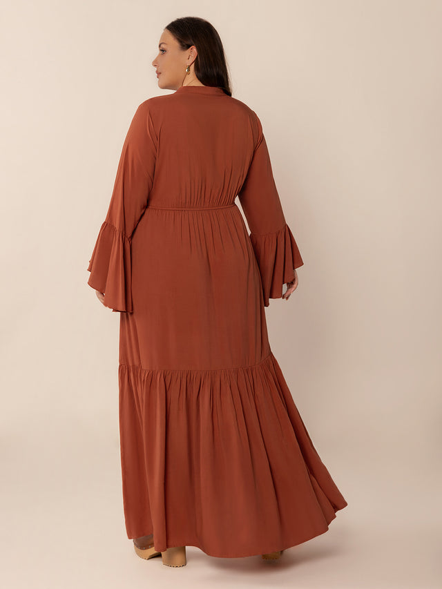 Plus Size Ruffled Notched Long Sleeve Midi Dress Trendsi Hanalas